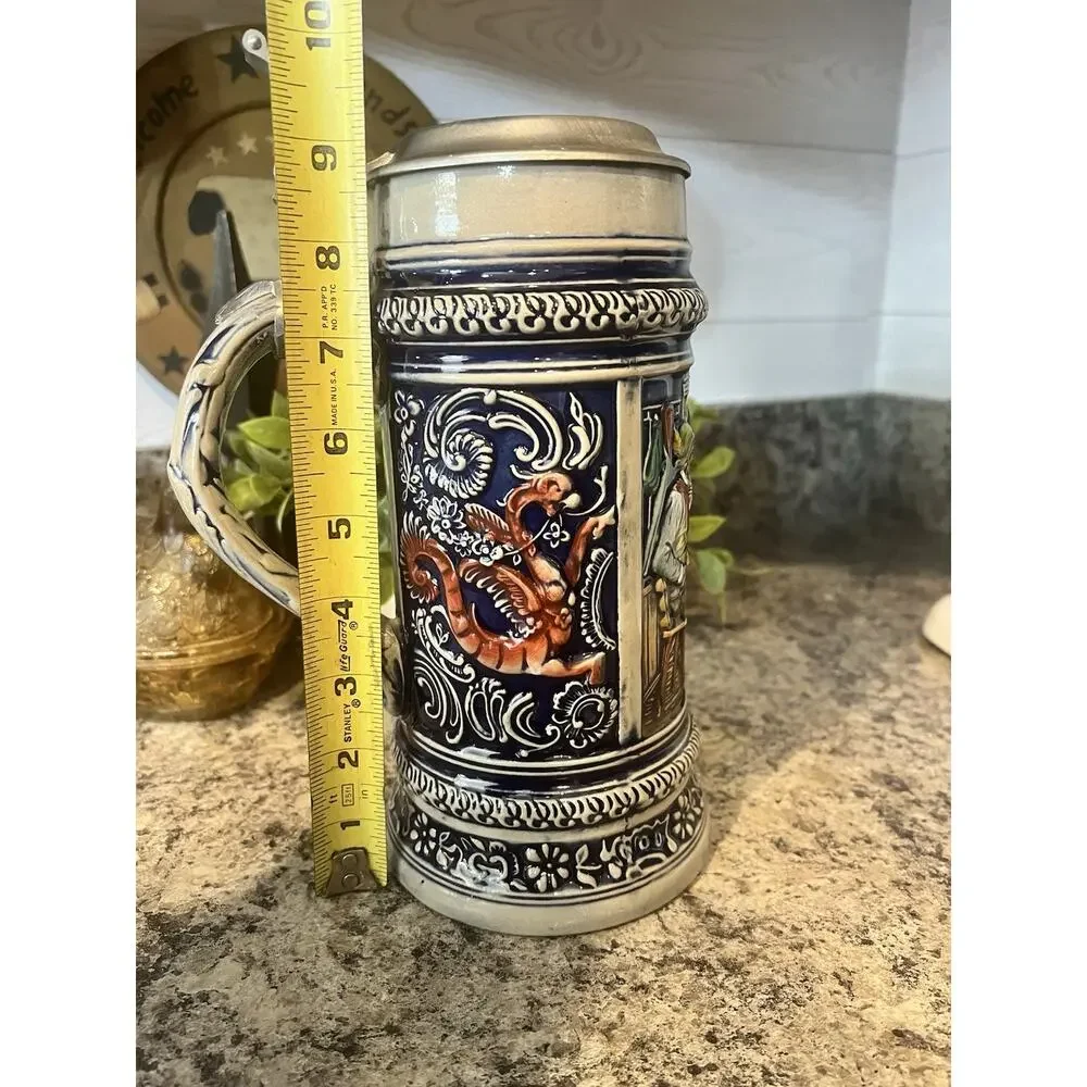 Vintage 9” Gertz German Beer Stein Mug Pewter Lid A Friendly Chat Tavern Scene